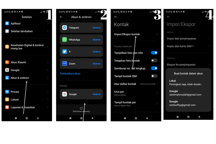 Ilustrasi cara sinkronkan akun Google untuk kontak telepon di HP Android 
