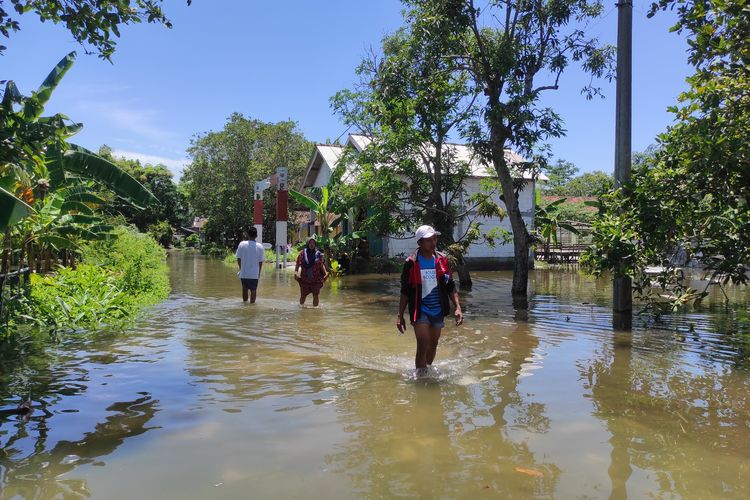 Sejumlah warga Desa Karangrowo, Kecamatan Wonosalam, Kabupaten Demak melewati jalan desa yang masih tergenang air, Kamis (8/2/2024). (KOMPAS.COM/NUR ZAIDI)