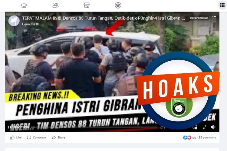 Tangkapan layar Facebook narasi yang menyebut Densus 88 menangkap pemilik akun Twitter yang menghina istri Gibran