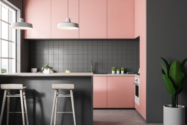 Ilustrasi dapur dengan nuansa warna merah muda dan abu-abu. 
