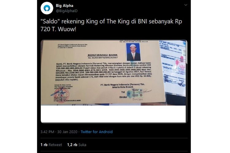 Tangkapan layar dari sebuah unggahan yang menyebutkan King of The King miliki saldo rekening sebesar Rp 720 triliun.