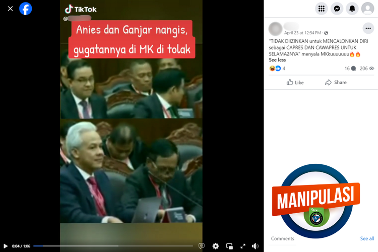 Tangkapan layar manipulasi video di sebuah akun Facebook, Selasa (23/4/2024), yang menyebut bahwa MK melarang Anies dan Ganjar untuk mencalonkan diri sebagai presiden.