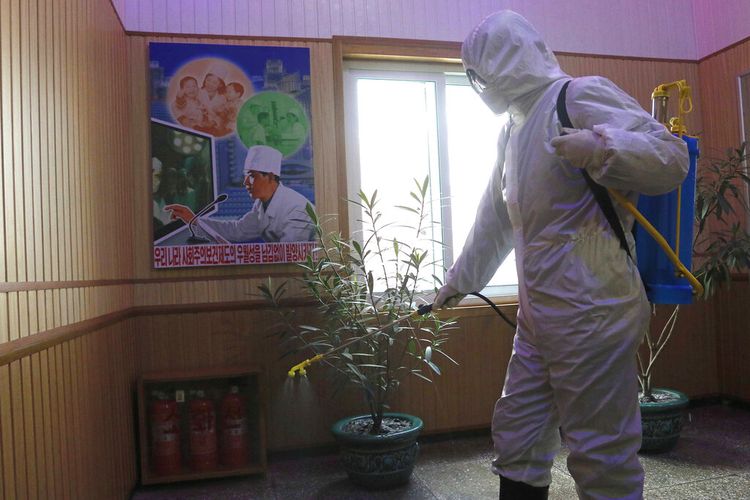 Seorang pejabat Pusat Higienis dan Anti-epidemi di Distrik Phyongchon mendisinfeksi koridor sebuah bangunan di Pyongyang, Korea Utara, pada 5 Februari 2021. 