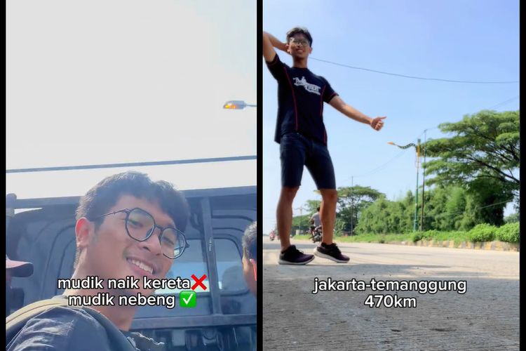 Tangkap layar video pemudik yang melalui perjalanan mudik dari Jakarta ke Temanggung dengan menebeng [TikTok/@alwijo.bless].