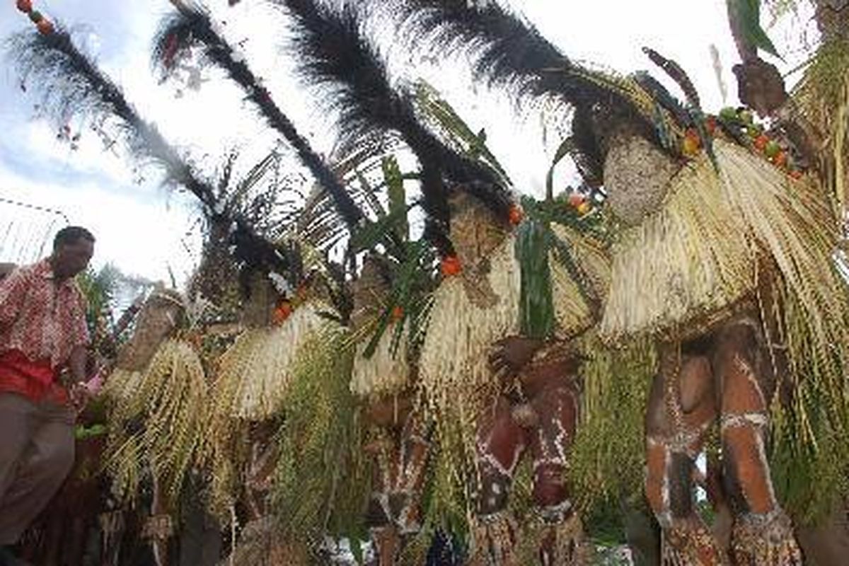 Warga Suku Manam, Distrik Arso Timur, Kabupaten Keerom, Papua, menggelar ritual dan tarian Yamguai Tsato-Wawo di Kampung Yeti, Arso Timur, Sabtu (26/1). Ritual itu dilakukan dalam menyambut peresmian pembukaan 26.300 Ha hutan ulayat Suku Manam menjadi perkebunan kelapa sawit PT Tandan Sawita Papua (Rajawali Group).   KOMPAS/ARYO WISANGGENI G 26-01-2008