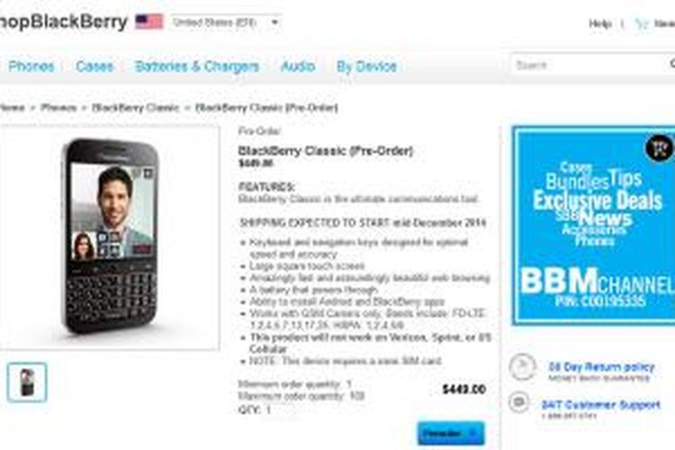 Pre order BlackBerry Classic di situs ShopBlackberry untuk wilayah tertentu bisa dilakukan mulai Jumat (13/11/2014).