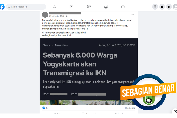 Tangkapan layar unggahan dengan narasi sebagian benar di sebuah akun Facebook, 29 Juli 2023, soal transmigrasi 6.000 warga Yogyakarta ke IKN Nusantara.