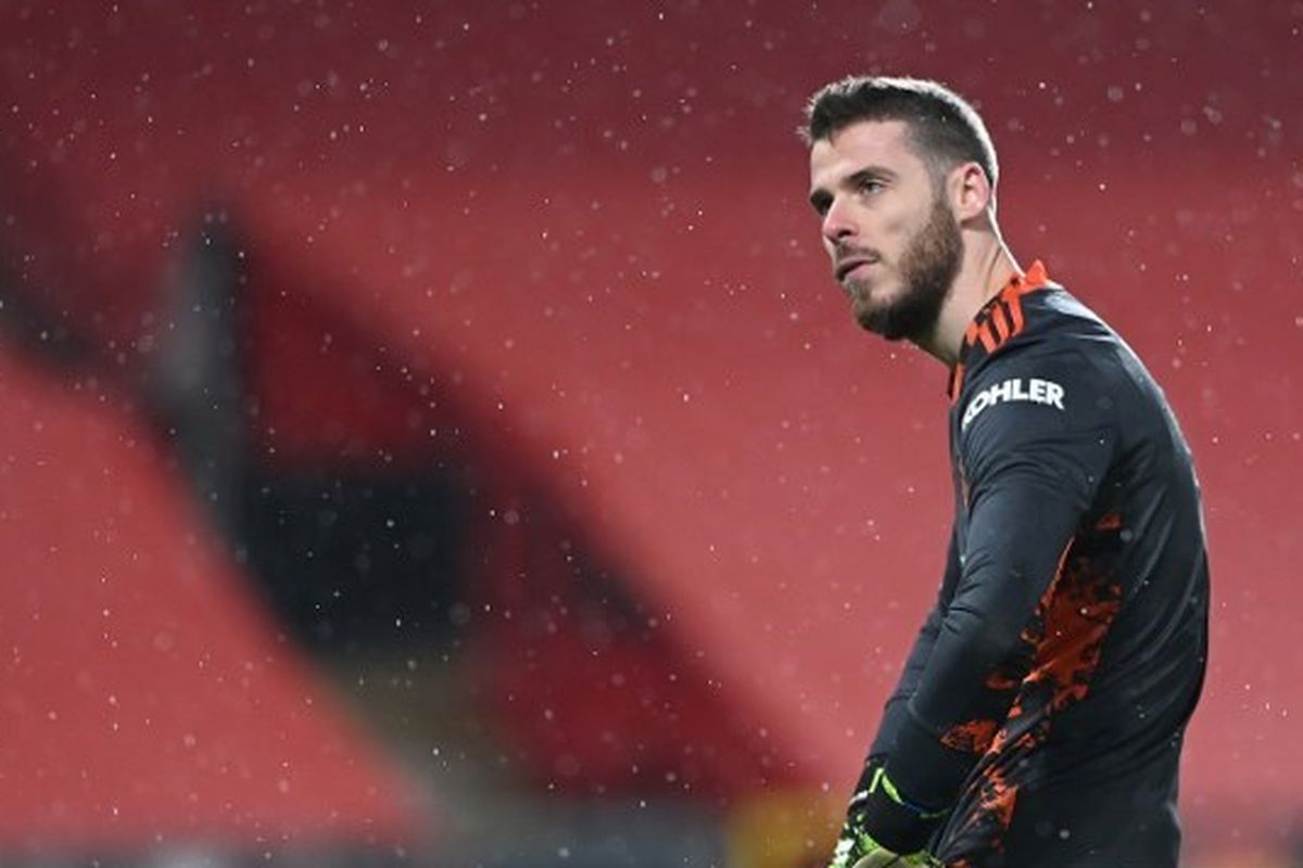 Kiper Manchester United, David de Gea, bereaksi pada laga Man United vs Sheffield United di Stadion Old Trafford, Kamis (28/1/2021) dini hari WIB.