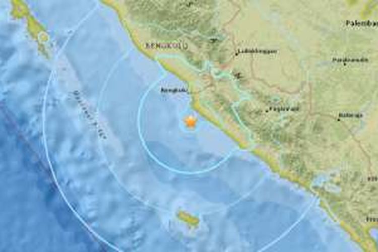 Lokasi gempa bumi 5,9 SR di Bengkulu, Minggu (10/4/2016) pagi.