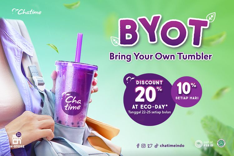 Chatime kembali menjalankan program Eco Day dengan menggelar kampanye Bring Your Own Tumbler (BYOT) di seluruh gerai Chatime se-Indonesia mulai Kamis (22/9/2022). 

