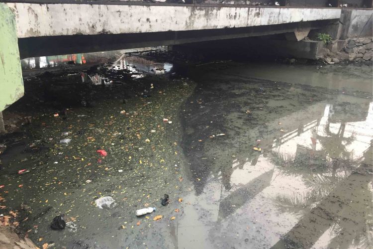 Kondisi Kali Krendang yang berada di Jakarta Barat tampak berwarna hitam. Berbagai jenis  sampah seperti plastik, bungkus makanan, botol minuman juga tampak menumpuk di bawah salah satu jembatan penyeberangan yang dilewati aliran tersebut. Tampak pula endapan lumpur di dasar kali yang menjadi batas antara Kelurahan Krendang dan Keluraham Jembatan Lima. Kotoran-kotoran berwarna hitam yang berasal dari dedaunan  juga terlihat mengapung dan mengalir dari hulu kali ke hilir, Rabu (25/7/2018) 