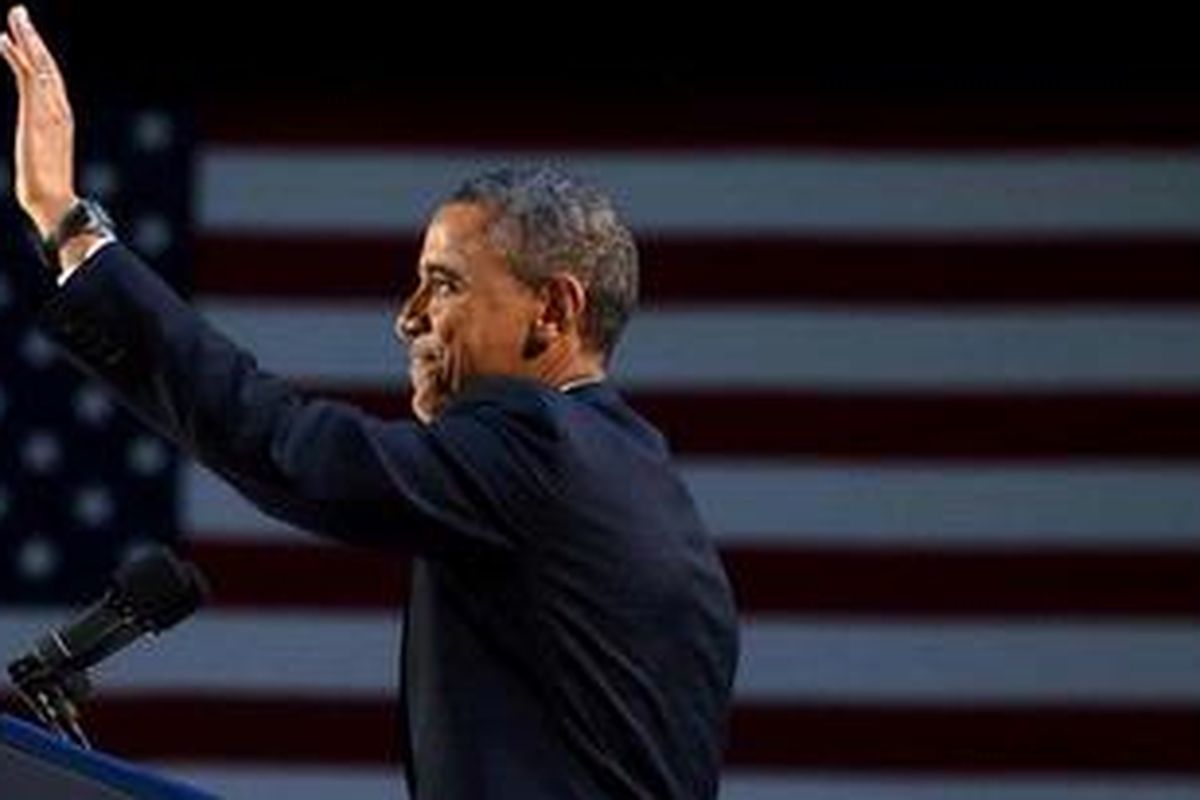 Presiden Amerika Serikat Barack Obama menyampaikan pidato kemenangannya di hadapan ribuan pendukungnya di Chicago, Illinois, Selasa (6/11/2012). Obama memenangi pemilihan presiden AS dengan mengalahkan kandidat Partai Republik  Mitt Romney. 