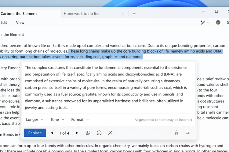 Microsoft merilis fitur baru Notepad bernama Rewrite. Fitur baru ini memungkinkan pengguna untuk mengubah kalimat, menyesuaikan nada, dan memodifikasi panjang konten pengguna di Notepad.