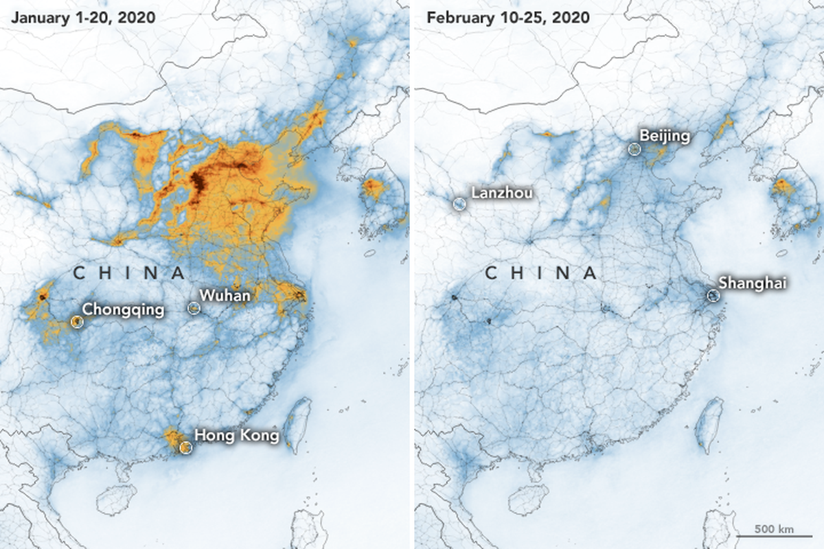 Polusi nitrogen dioksida di atas China turun, hasil citra satelit Sentinel-5P milik ESA. Perbandingan polusi pada Januari 2020 dan Februari 2020.