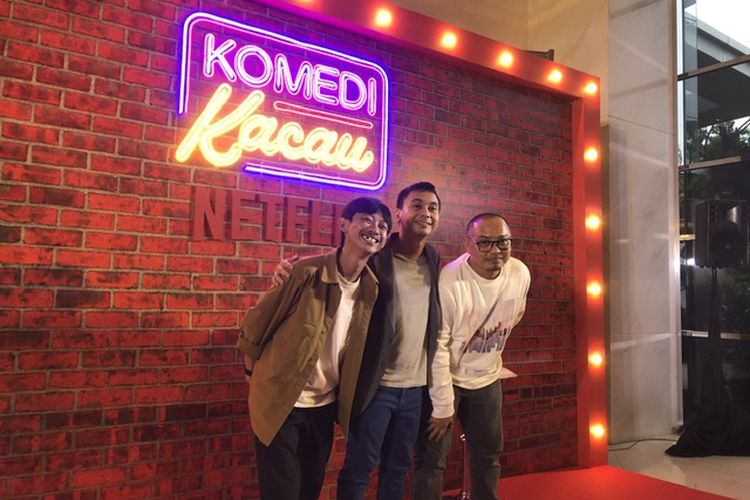 Raditya Dika, Yono Bakrie, Anca Blanca di Jumpa pers serial Komedi Kacau, di daerah Menteng, Jakarta Pusat, Rabu (17/1/2024).