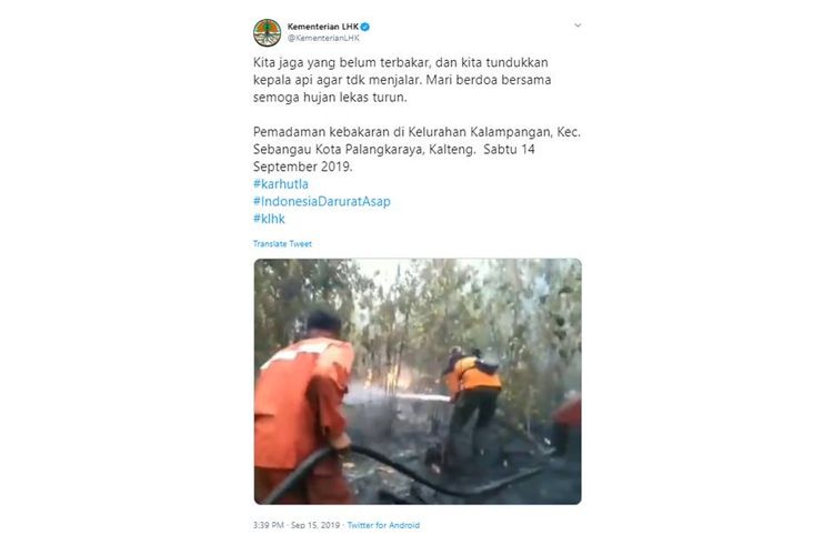 Unggahan Twitter KLHK mengenai penanganan upaya kebakaran hutan di Kalimantan Tengah.