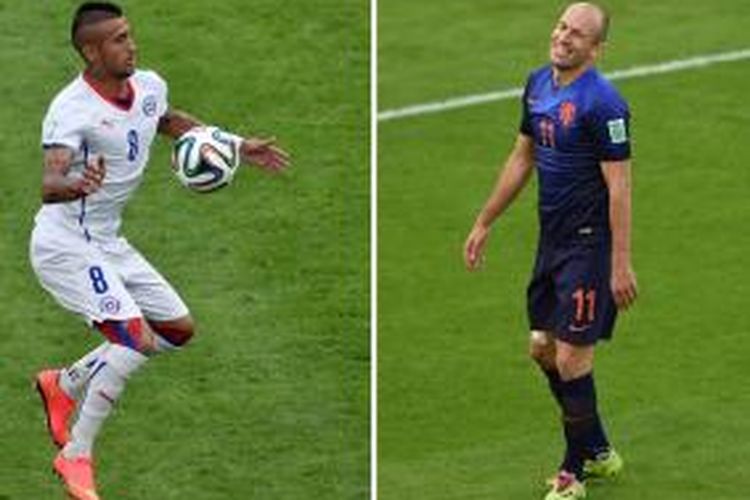 Gelandang Cile, Arturo Vidal (kiri), dan gelandang Belanda, Arjen Robben (kanan).