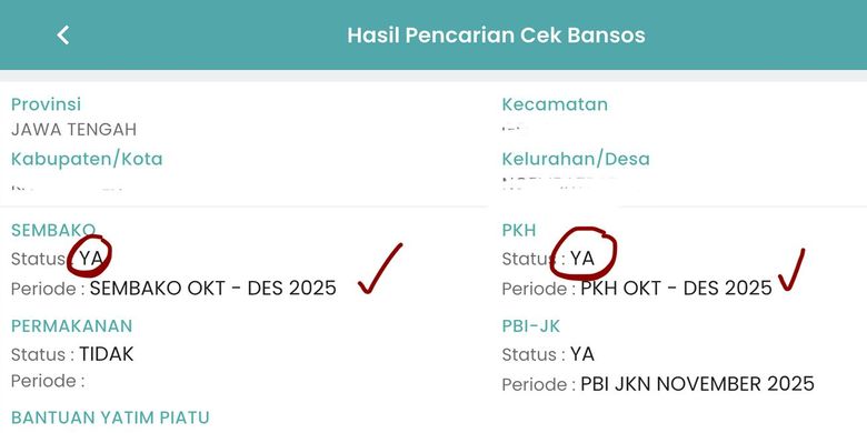 Tampilan hasil pencarian cek bansos di aplikasi Cek Bansos Kemensos. Cara cek NIK KTP penerima bansos 2026. Cek NIK KTP bansos. Cek bansos KTP 2026.
