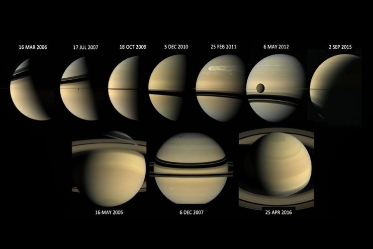 Perubahan musim panas di Planet Saturnus. Gambar kompilasi yang diambil wahana antariksa Cassini menunjukkan transisi dari musim panas selatan ke musim panas utara di Planet Saturnus.