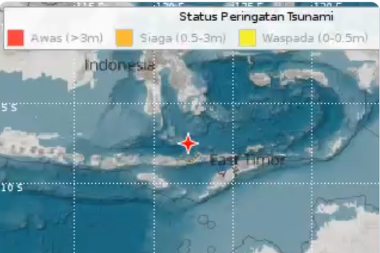 Tangkapan layar Peringatan Tsunami dari BMKG. Peringatan Dini Tsunami di NTT, Gempa berkekuatan M 7,4 pada Selasa (14/12/2021).