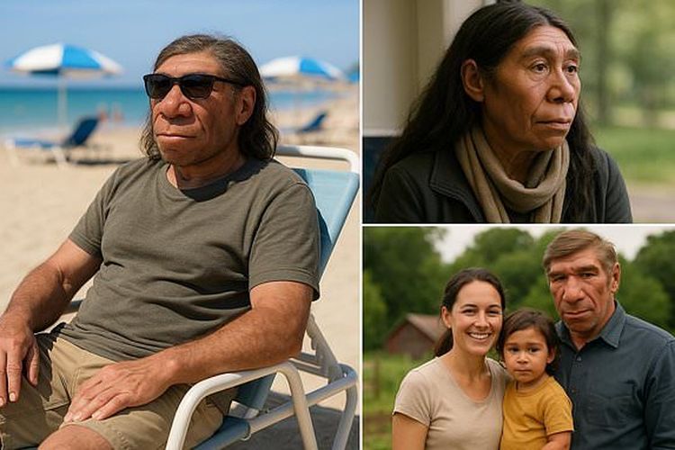 Ilustrasi wajah Neanderthal jika mereka hidup saat ini. Gambar kanan bawah adalah ilustrasi jika pria neanderthal kawin dengan manusia modern dan menghasilkananak campuran
