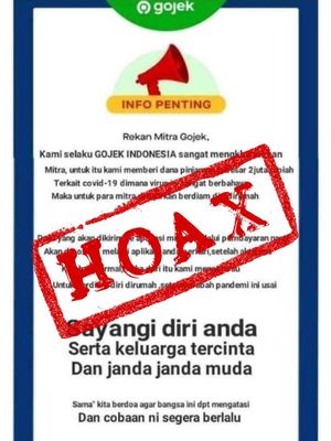 Hoaks pengumuman yang mengatasnamakan pihak Gojek Indonesia