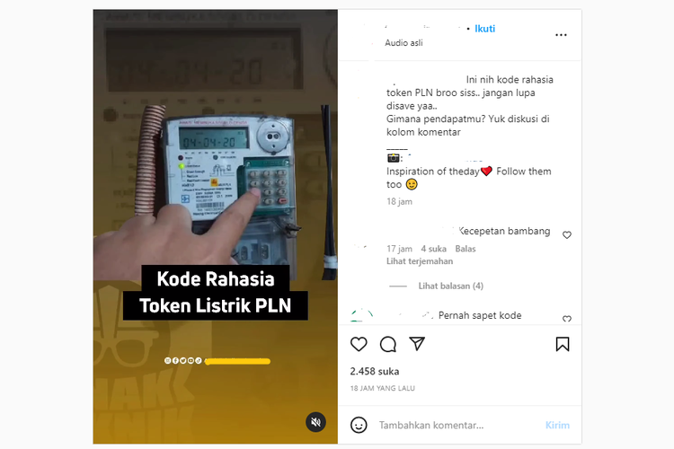 Tangkapan layar unggahan video yang menampilkan kode rahasia meteran listrik PLN beredar di media sosial pada Senin (2/1/2023).