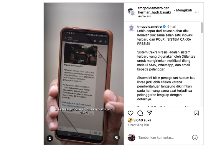 Tangkapan layar unggahan Polda Metro Jaya terkait surat tilang yang dikirim melalui WhtasApp. 