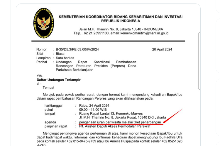 Foto surat undangan Kemenko Marves soal dana pungutan wisata yang dibebankan melalui tiket pesawat.