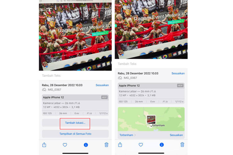 Ilustrasi cara mengganti tag lokasi foto iPhone.