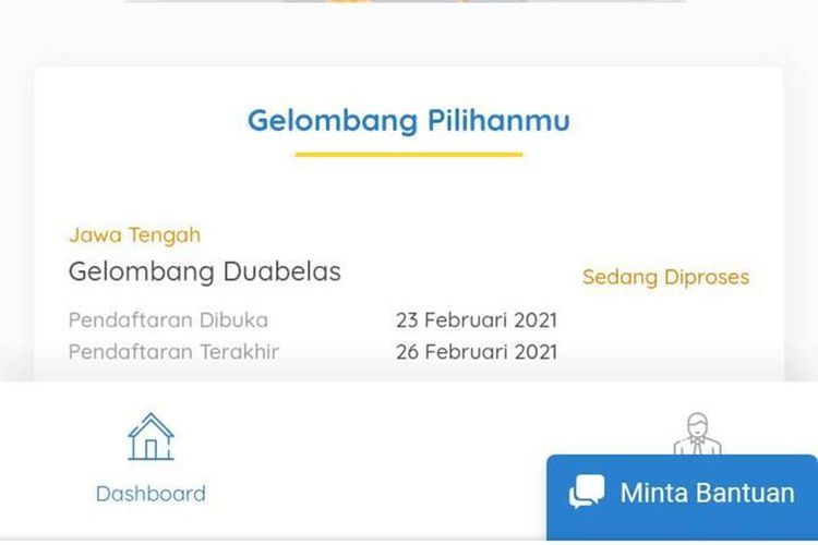 Tangkapan layar dashboard Kartu Prakerja dengan status sedang diproses.