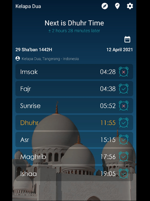 Tampilan aplikasi Jadwal Sholat, Kiblat dan Adzan di ponsel Android, yang juga bisa digunakan untuk melihat jadwal imsakiyah Ramadan 2021.