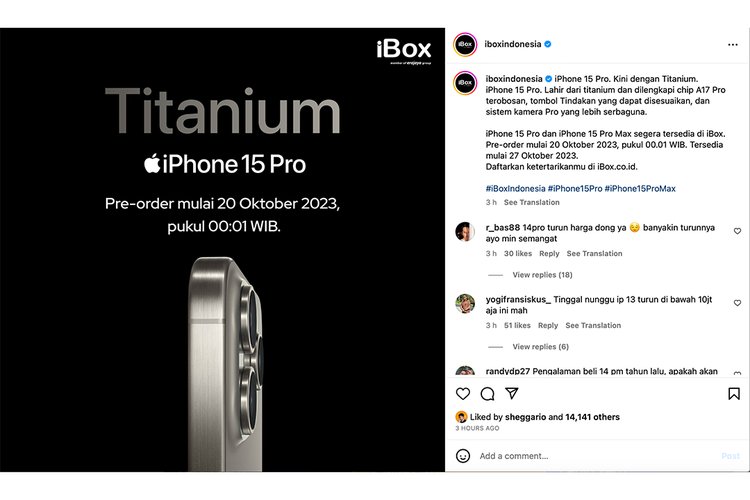 Pengumuman iBox Indonesia mengenai pemesanan iPhone 15 Pro di Indonesia di akun Instagram @iboxindonesia