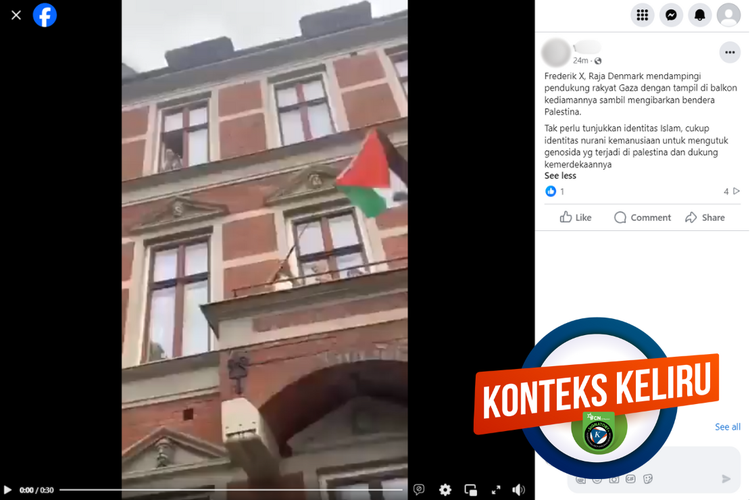Tangkapan layar konten dengan konteks keliru di sebuah akun Facebook, Selasa (14/5/2024), mengenai Raja Denmark Frederik X mengibarkan bendera Palestina.
