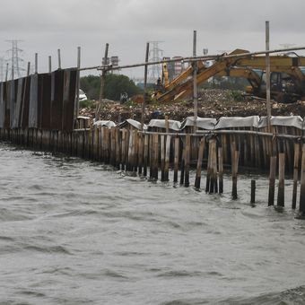 Sejumlah alat berat terparkir di samping pagar laut yang terpasang di kawasan pesisir Tarumajaya, Kabupaten Bekasi, Jawa Barat, Selasa (14/1/2025). Menurut nelayan setempat pemasangan pagar laut yang membentang sepanjang 2 km itu mengganggu lalu lintas kapal kecil dan berpotensi merusak ekosistem laut karena adanya pengerukan tanah. ANTARA FOTO/Fakhri Hermansyah/tom.