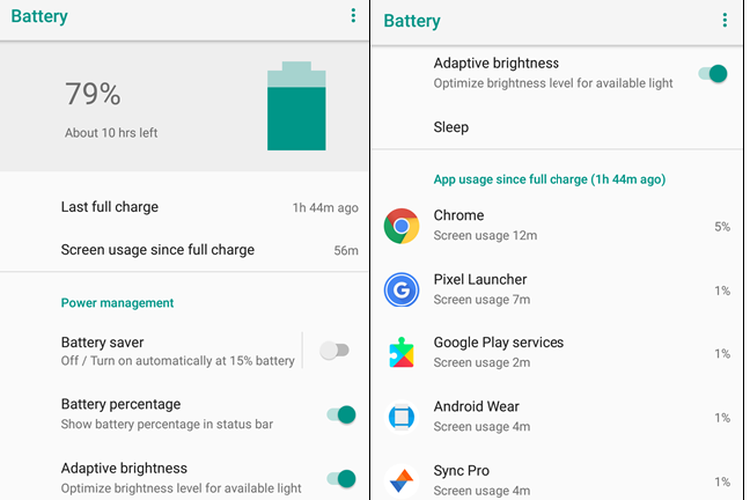 Tampilan penggunaan daya baterai (kiri) dan penggunaan layar (kanan) pada OS Android Oreo yang ditampilkan terpisah.