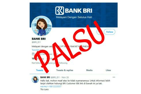 Awas, Akun Palsu di Twitter Catut Bank BRI