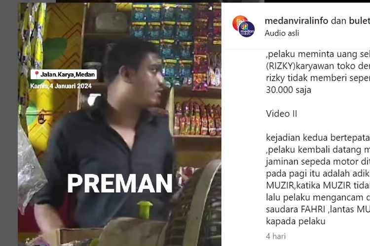 Viral di media sosial dua video yang memperlihatkan seorang preman di Medan, Sumatera Utara, memaksa seorang pedagang untuk memberikan sejumlah uang.