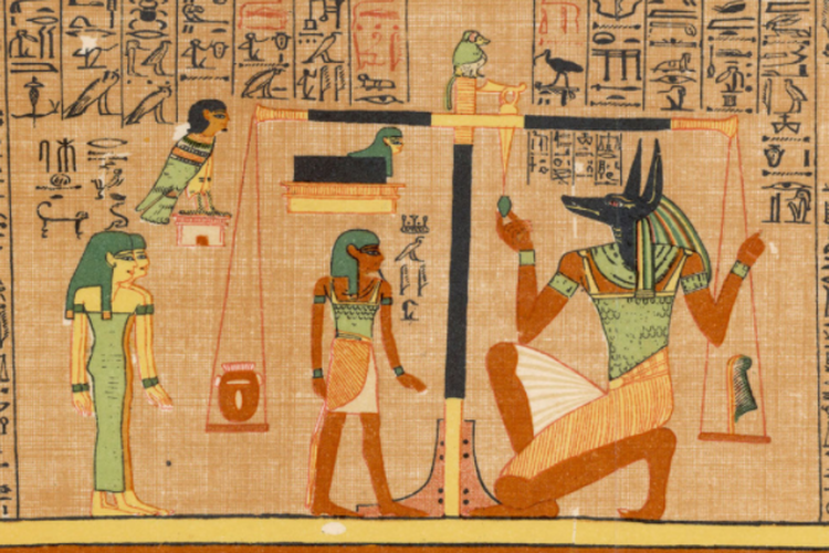 Ilustrasi dari Buku Orang Mati Mesir, 1275 SM. Menunjukkan dewa kematian berkepala serigala, Anubis, menimbang jiwa juru tulis, Ani.