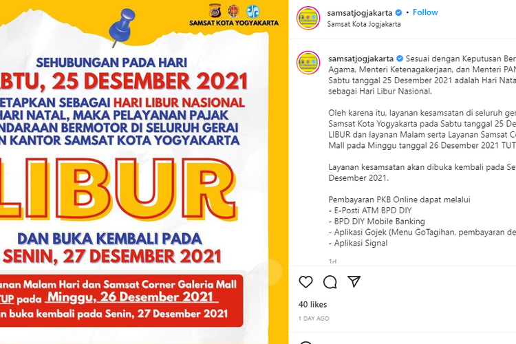 Layanan Samsat Yogyakarta libur saat natal dan tahun baru