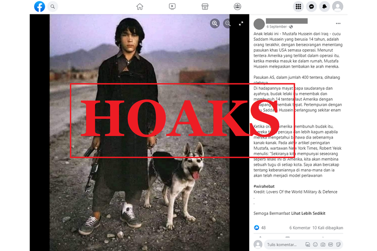 Tangkapan layar unggahan dengan narasi hoaks di sebuah akun Facebook, Selasa (6/9/2022), soal foto remaja diklaim sebagai cucu Saddam Hussein yang berusia 14 tahun.