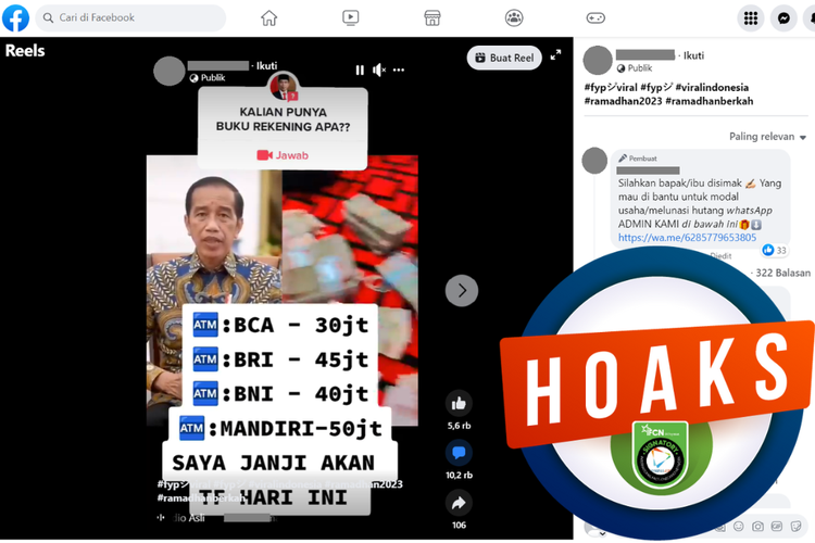 Tangkapan layar unggahan dengan narasi hoaks di sebuah akun Facebook, Rabu (12/4/2023), soal video Reels Jokowi menjanjikan puluhan juta lewat berbagai bank.