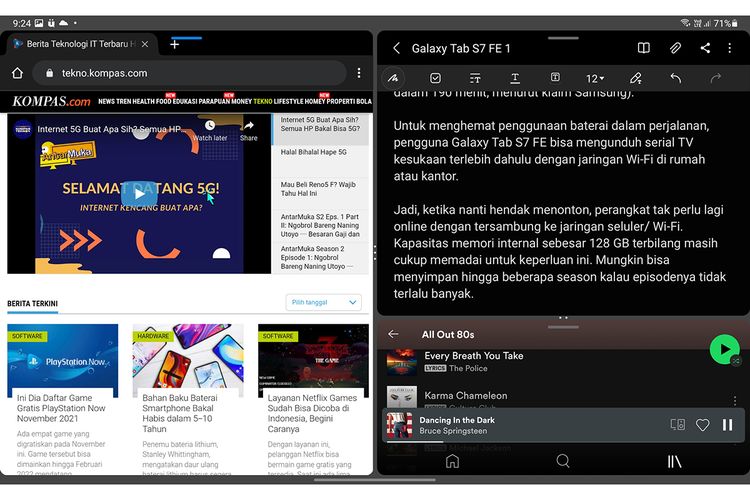 Antarmuka One UI 3.1 di Galaxy Tab S7 FE 5G bisa menampilkan tiga aplikasi sekaligus di layar dalam jendela yang masing-masing bisa diatur ukurannya
