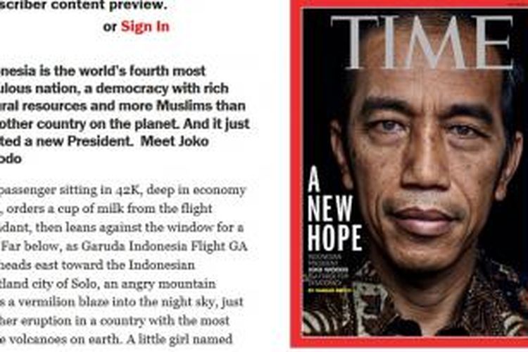 Presiden terpilih Jokowi Widodo jadi topik laporan utama majalah Time