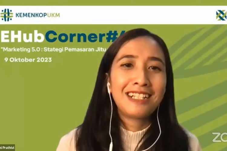 Tangkapan layar dari kegiatan Webinar E-Hub Corner #4 yang diinisiasikan oleh KemenKop UKM dalam tema Marketing 5.0: Strategi Pemasaran Jitu Jaman Now