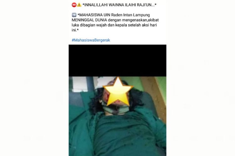 Status Facebook soal seorang mahasiswa di Lampung meninggal dunia setelah demonstrasi menolak UU Cipta Kerja.
