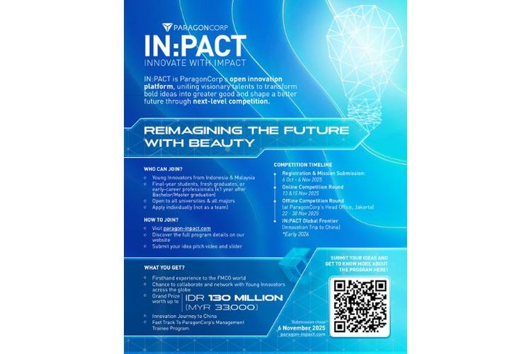 Kompetisi inovasi IN:PACT 2025 terbuka bagi mahasiswa tingkat akhir, fresh graduate, dan profesional muda dengan masa kelulusan maksimal satu tahun dari seluruh Indonesia dan Malaysia. 