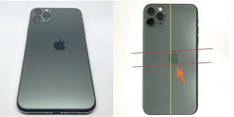 iPhone 11 Pro yang mengalami cacat cetak dengan logo yang tdak sejajar dan lebih condong ke kanan.