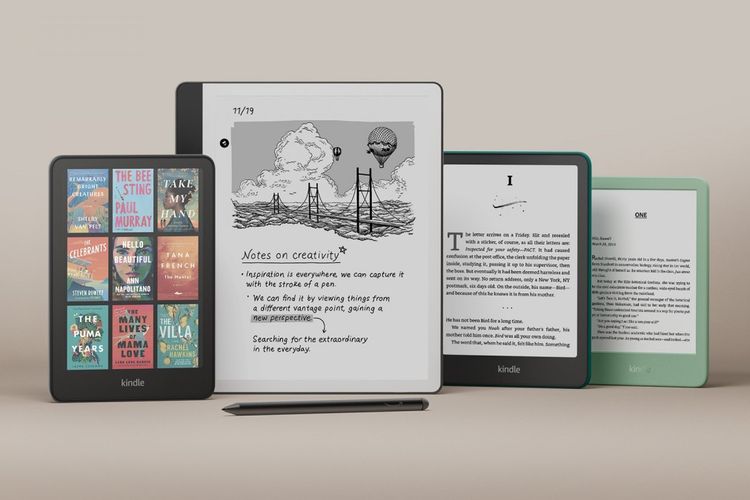 Ilustrasi empat tablet e-reader Amazon Kindle terbaru.