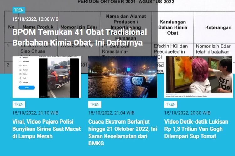 Hingga Minggu (16/10/22) pagi, berita soal penarikan 41 obat tradisional berbahan kimia obat oleh BPOM menjadi berita populer Tren.